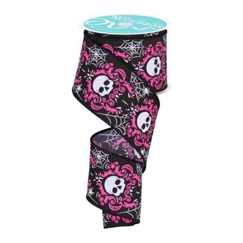 2.5″ Skull Damask Ribbon: Pink (10 Yards)