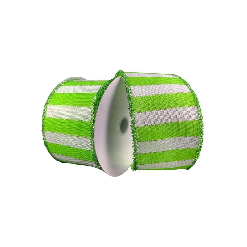 2.5″ Stripe Tinsel Edge Ribbon: Lime & White (10 Yards)