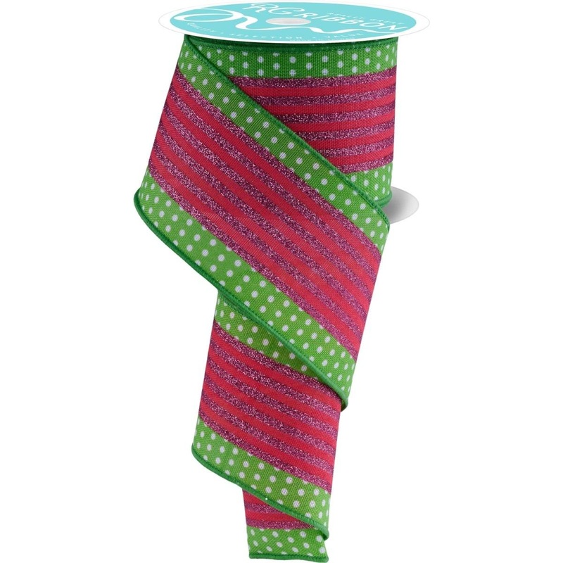 2.5″ Vertical Stripe Polka Dot Edge Ribbon: Green, Red, Pink