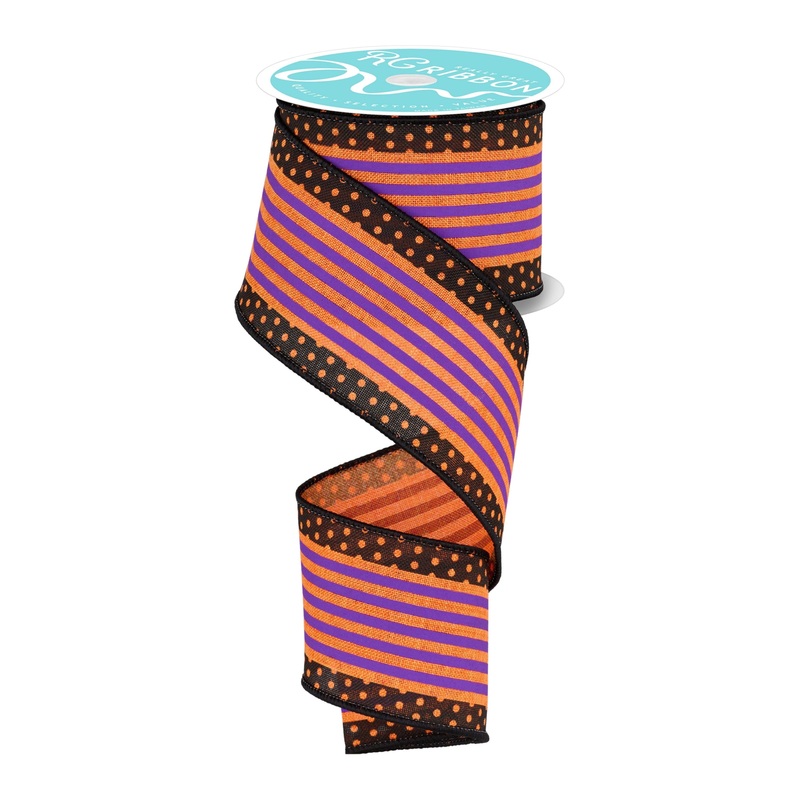 2.5″ Vertical Stripe Polka Dot Edge Ribbon: Orange, Purple, Black