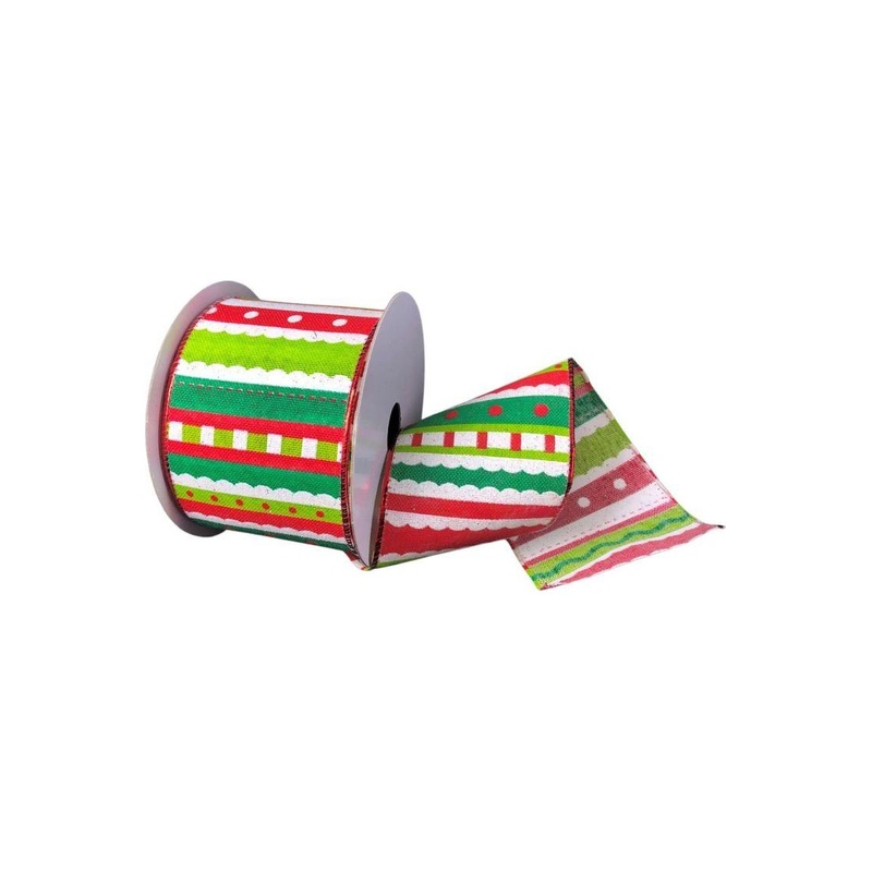 2.5″ Whimsy Stripe Ribbon: Lime, Red, White (10 Yards)