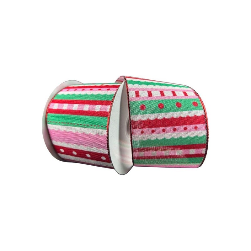 2.5″ Whimsy Stripe Ribbon: Red, Mint, Pink (10 Yards)