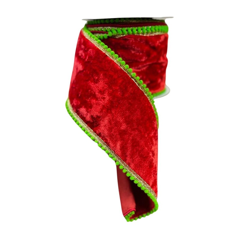 4″ Beaded Pom Edge Ribbon: Red/Lime (10 Yards)