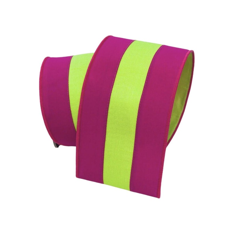 4″ Dupion Striped Ribbon: Fuchsia/Lime (10 Yards)