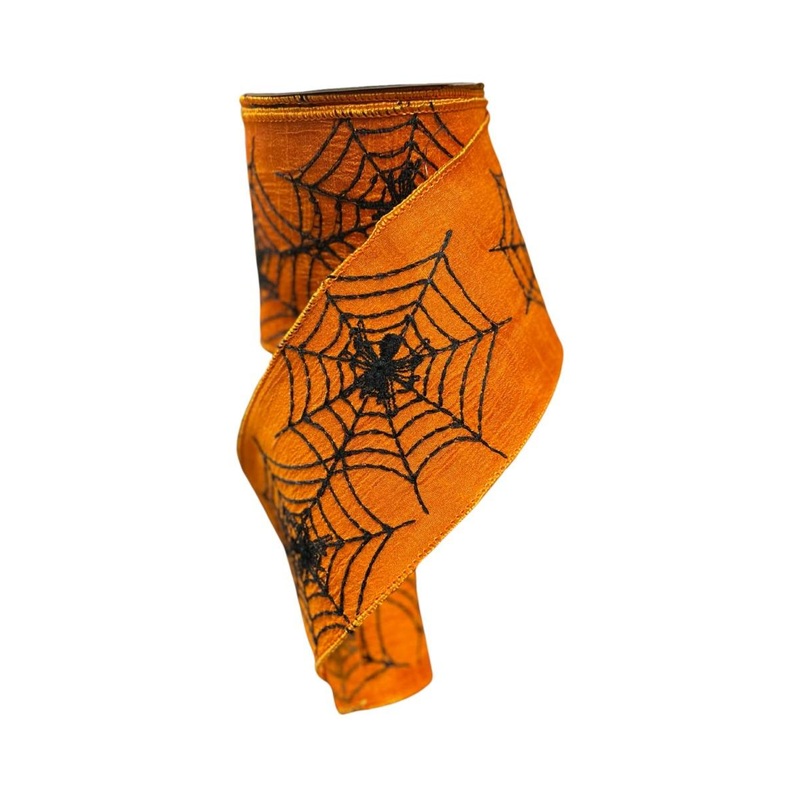 4″ Embroidered Spider Web Ribbon: Orange (10 Yards)