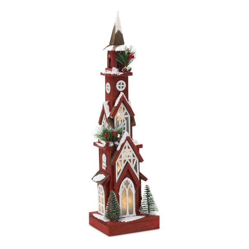 Lighted Winter Church Display with Pine Accents and Snowy Finish