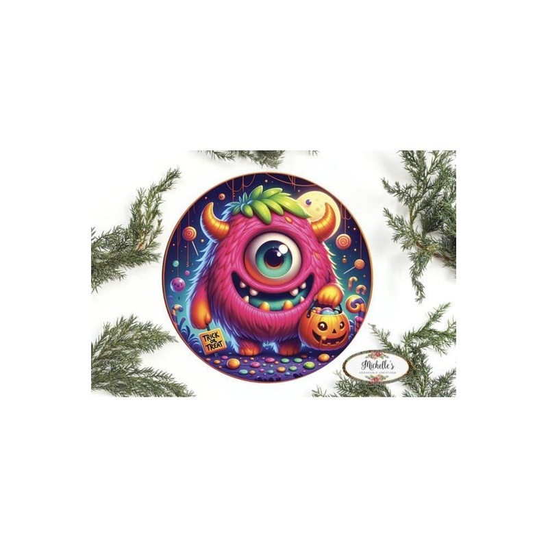 Pink One Eyed Trick or Treat Monster Round Sign