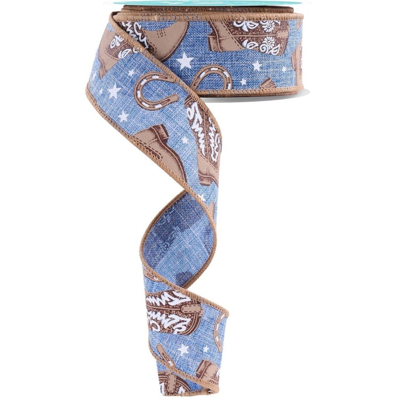 1.5″ Cowboy Boots Ribbon: Blue (10 Yards)