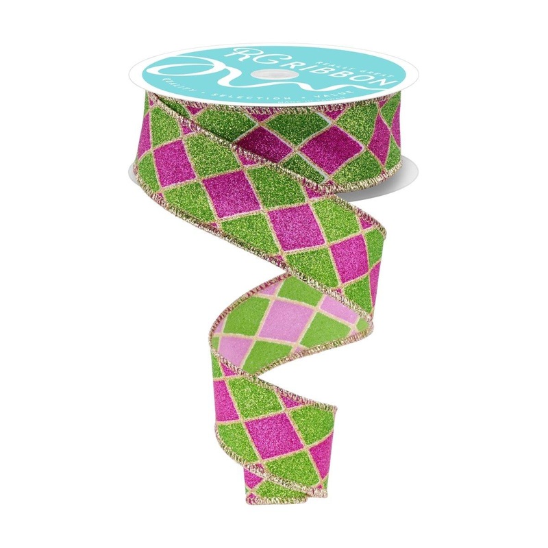 1.5″ Glitter Harlequin Ribbon: Pink/Lime (10 Yards)