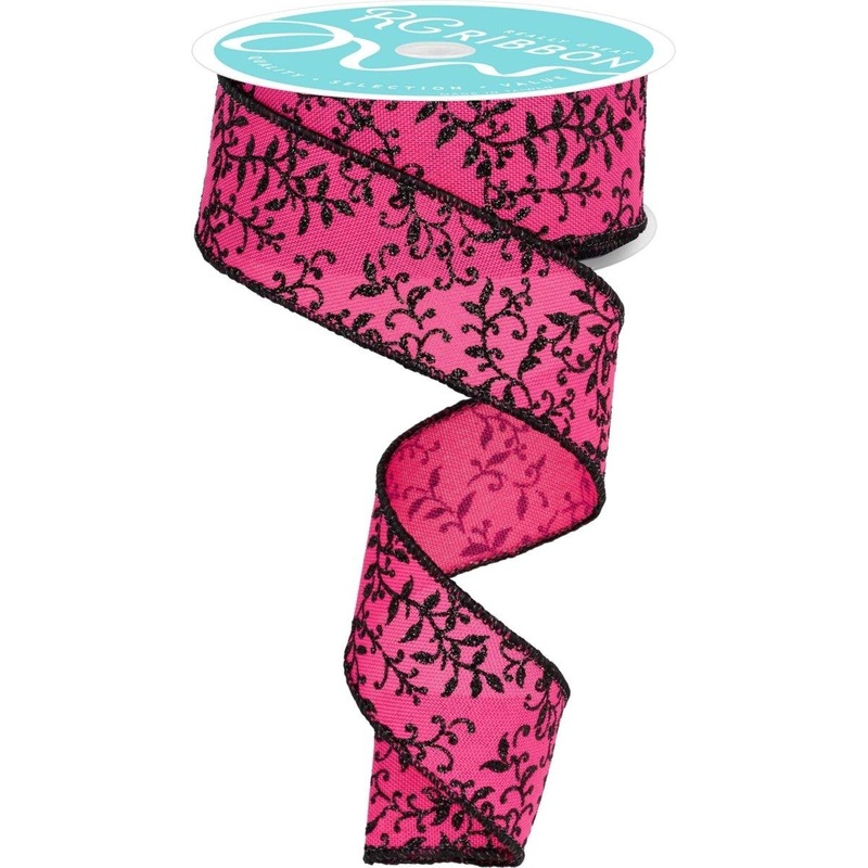 1.5″ Glitter Mini Leaf Vines Ribbon: Pink/Black (10 Yards)