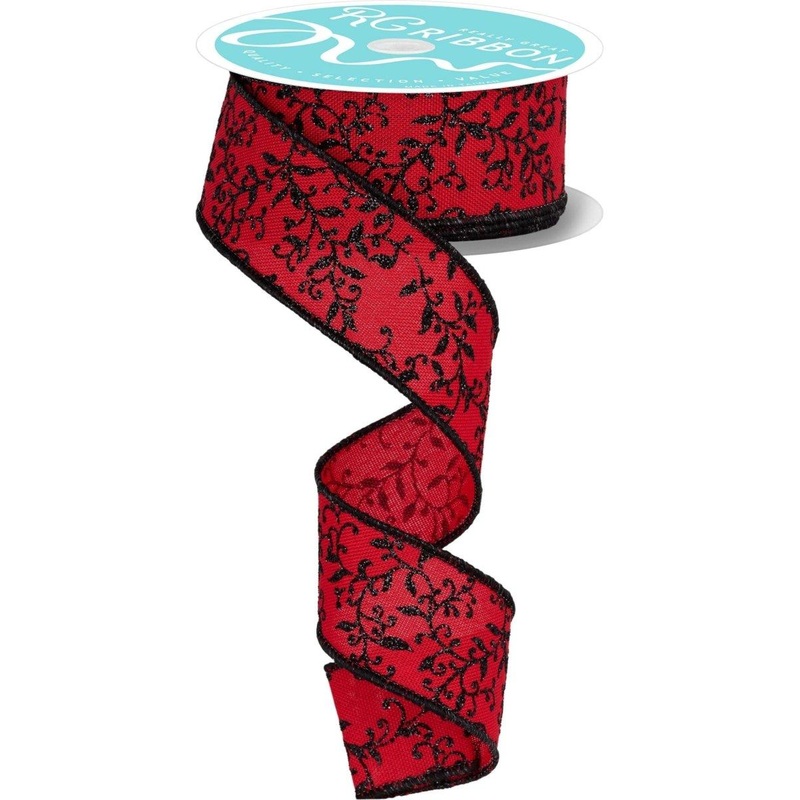 1.5″ Glitter Mini Leaf Vines Ribbon: Red/Black (10 Yards)