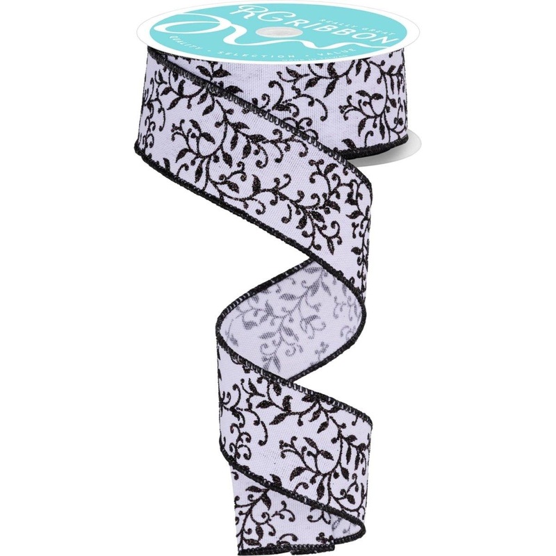 1.5″ Glitter Mini Leaf Vines Ribbon: White/Black (10 Yards)