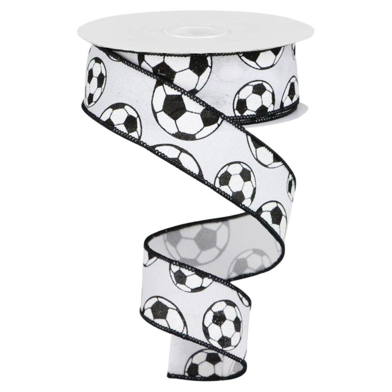 1.5″ Glitter Soccer Ball Ribbon: White (10 Yards)