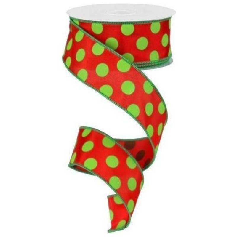 1.5″ Large Polka Dot Ribbon: Red & Lime Green (10 Yards)