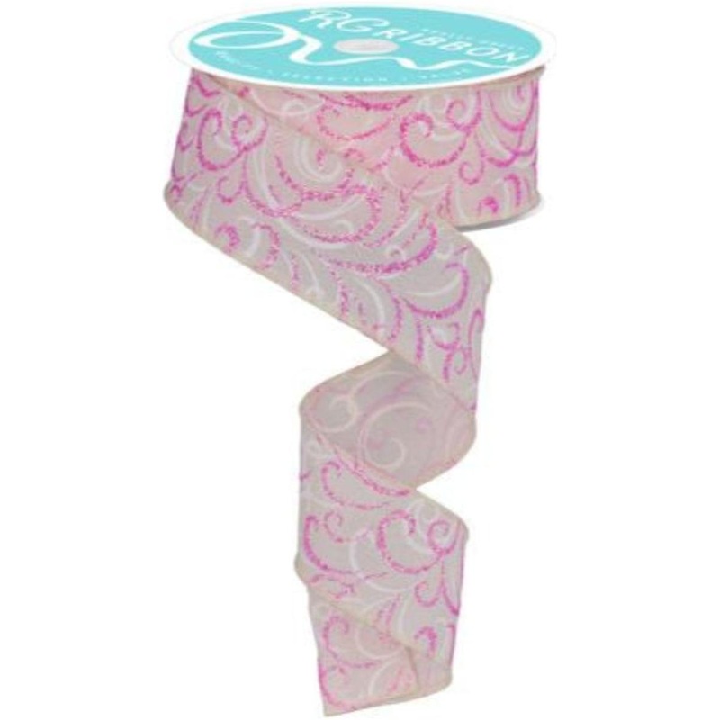 1.5″ Multi Swirls Glitter Ribbon: Cream/Pink/White (10 Yard)