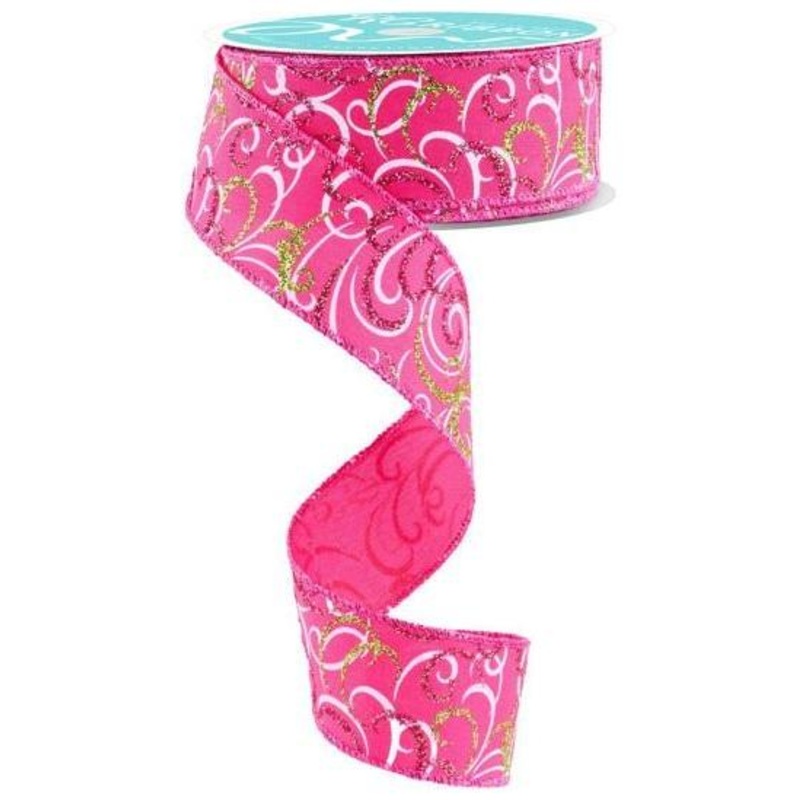 1.5″ Multi Swirls Glitter Ribbon: Hot Pink/Lime/White (10 Yard)