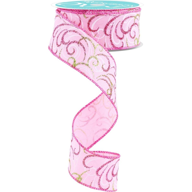 1.5″ Multi Swirls Glitter Ribbon: Light Pink/Lime/White (10 Yard)