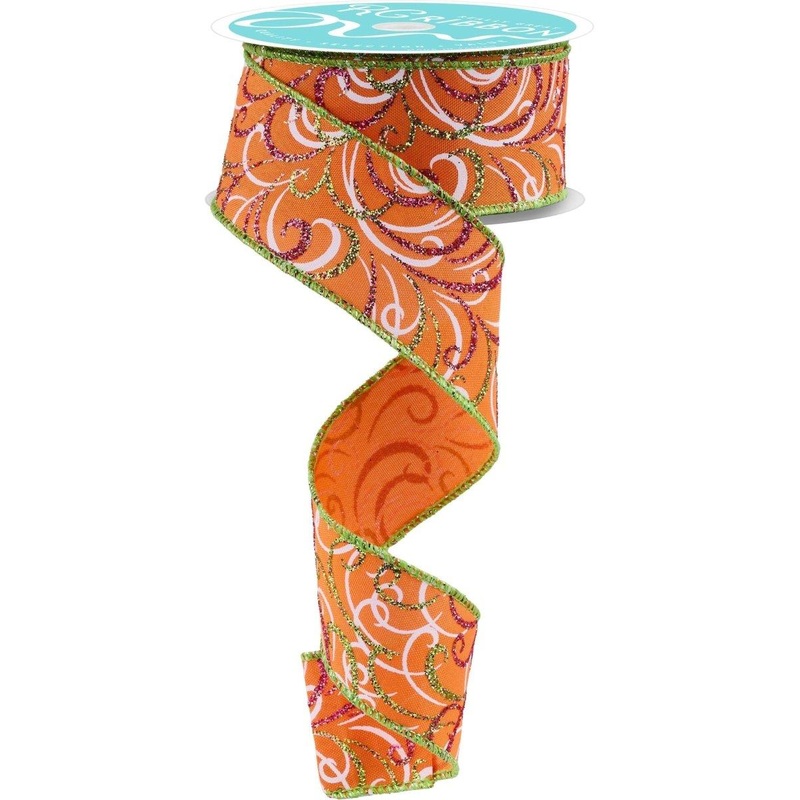 1.5″ Multi Swirls Glitter Ribbon: Orange/Pink/Lime (10 Yard)