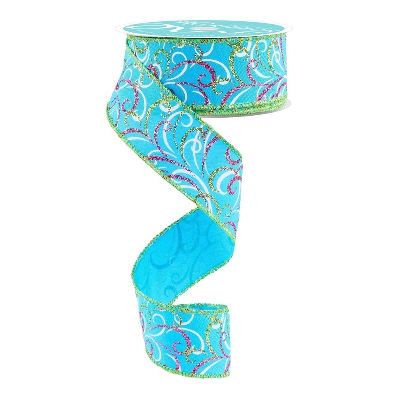 1.5″ Multi Swirls Glitter Ribbon: Turquoise/Hot Pink (10 Yard)