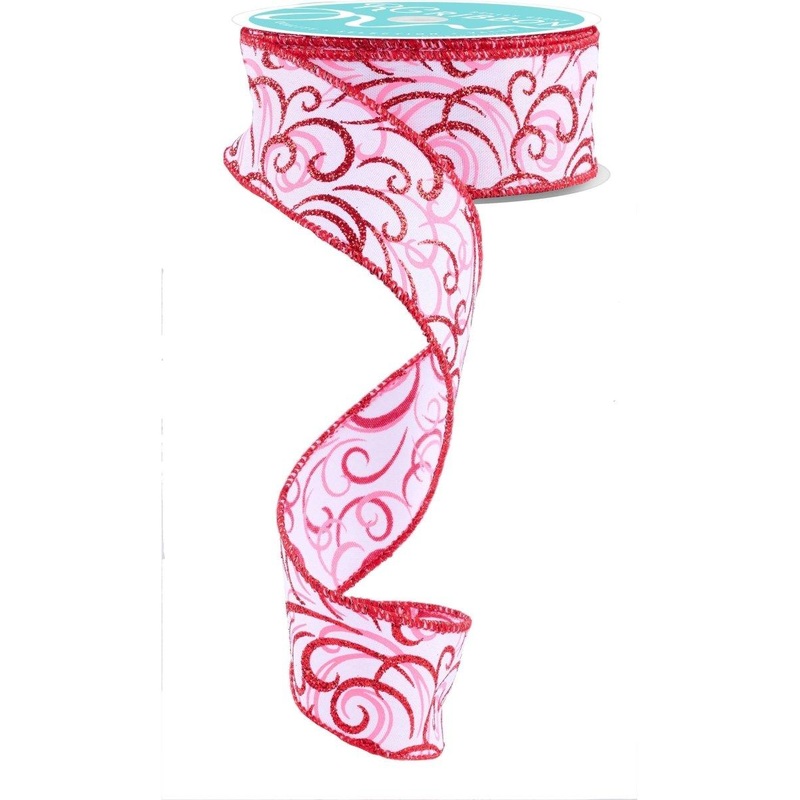 1.5″ Multi Swirls Glitter Ribbon: White/Pink/Red (10 Yard)