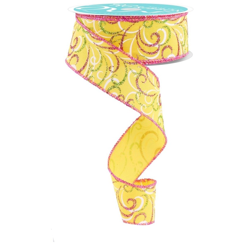 1.5″ Multi Swirls Glitter Ribbon: Yellow/Pink/Lime (10 Yard)