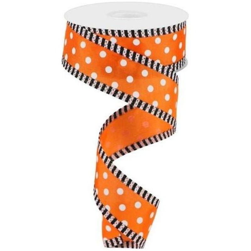 1.5″ Small Polka Dot Stripe Ribbon: Orange/White (10 Yards)