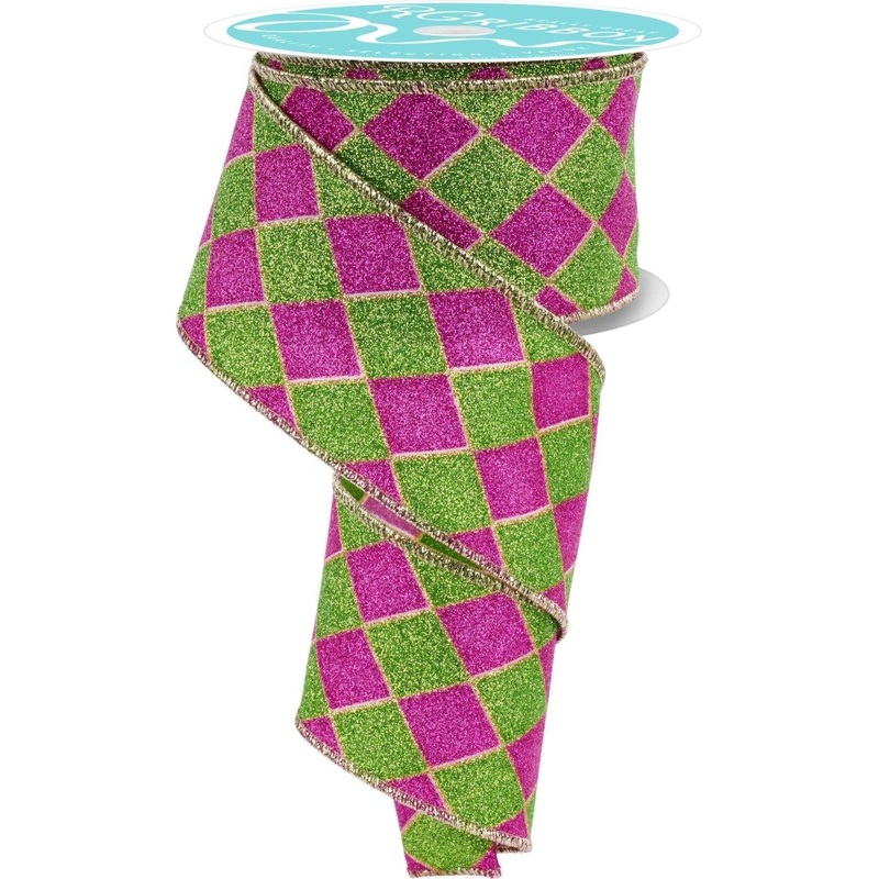2.5″ Glitter Harlequin Ribbon: Pink/Lime (10 Yards)