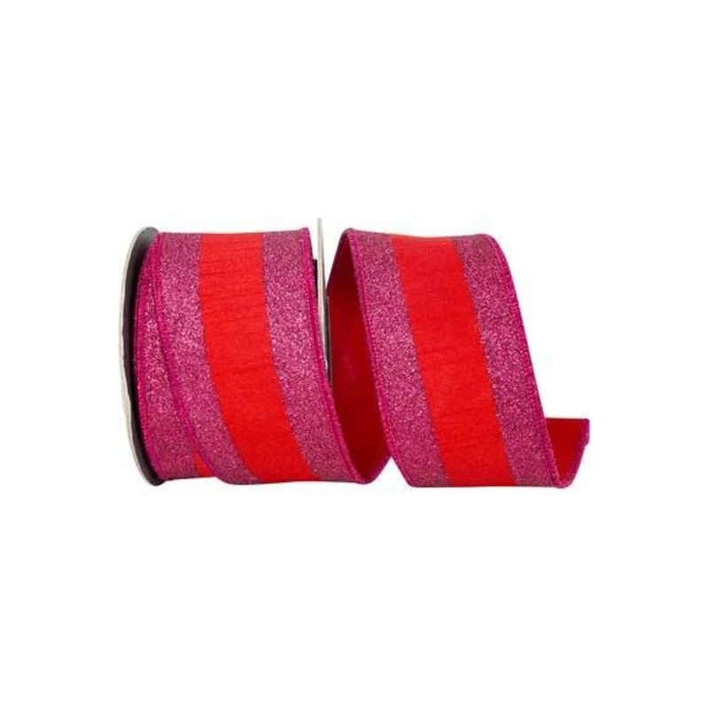 2.5″ Glitter Stripe Dupioni Ribbon: Red/Fuchsia (5 Yards)