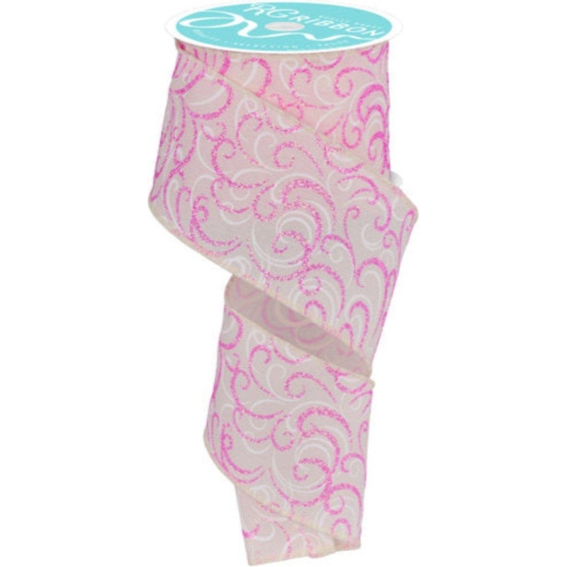 2.5″ Multi Swirls Glitter Ribbon: Cream/Pink/White (10 Yard)