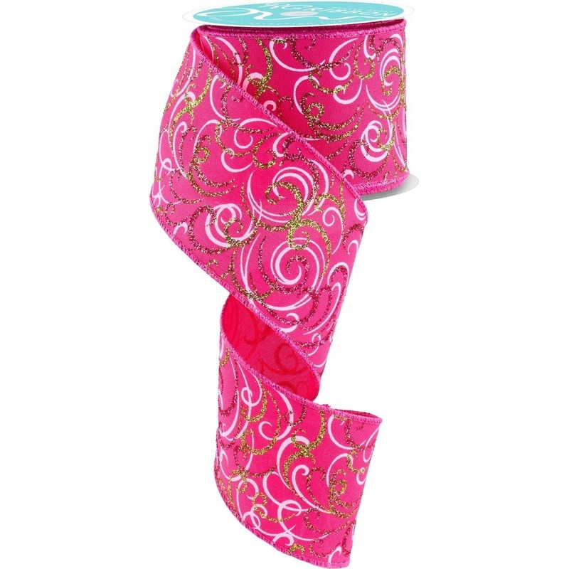 2.5″ Multi Swirls Glitter Ribbon: Hot Pink/Lime/White (10 Yard)