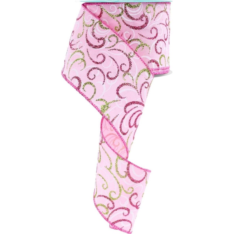 2.5″ Multi Swirls Glitter Ribbon: Light Pink/Lime/White (10 Yard)