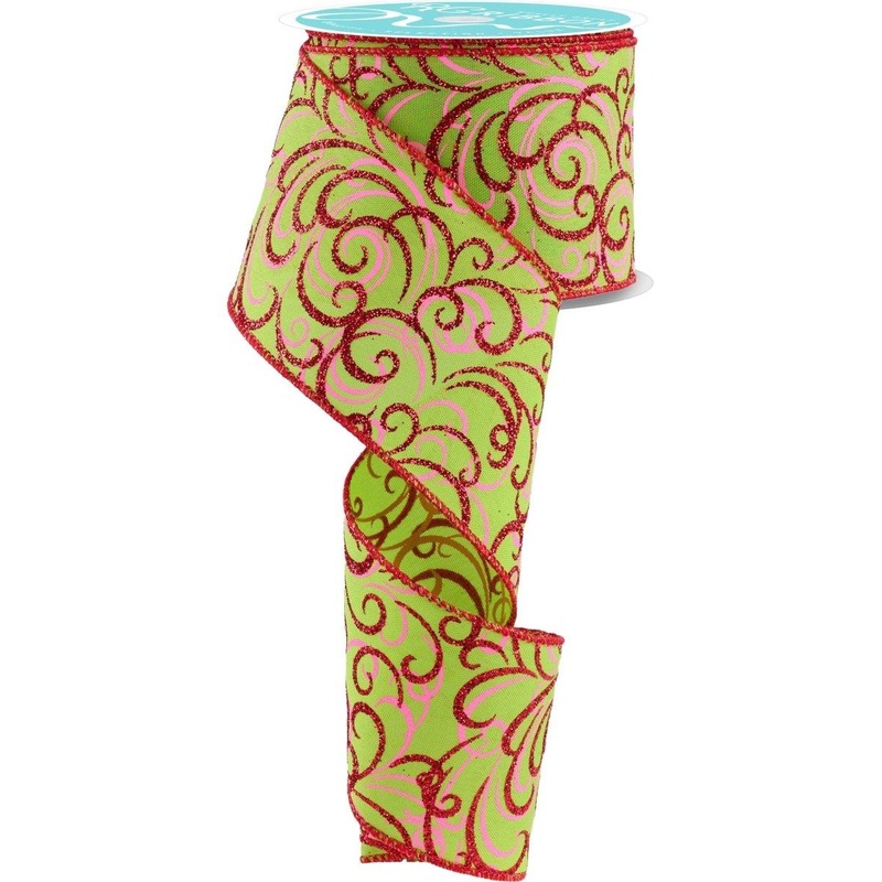 2.5″ Multi Swirls Glitter Ribbon: Lime Green/Pink/Red (10 Yard)