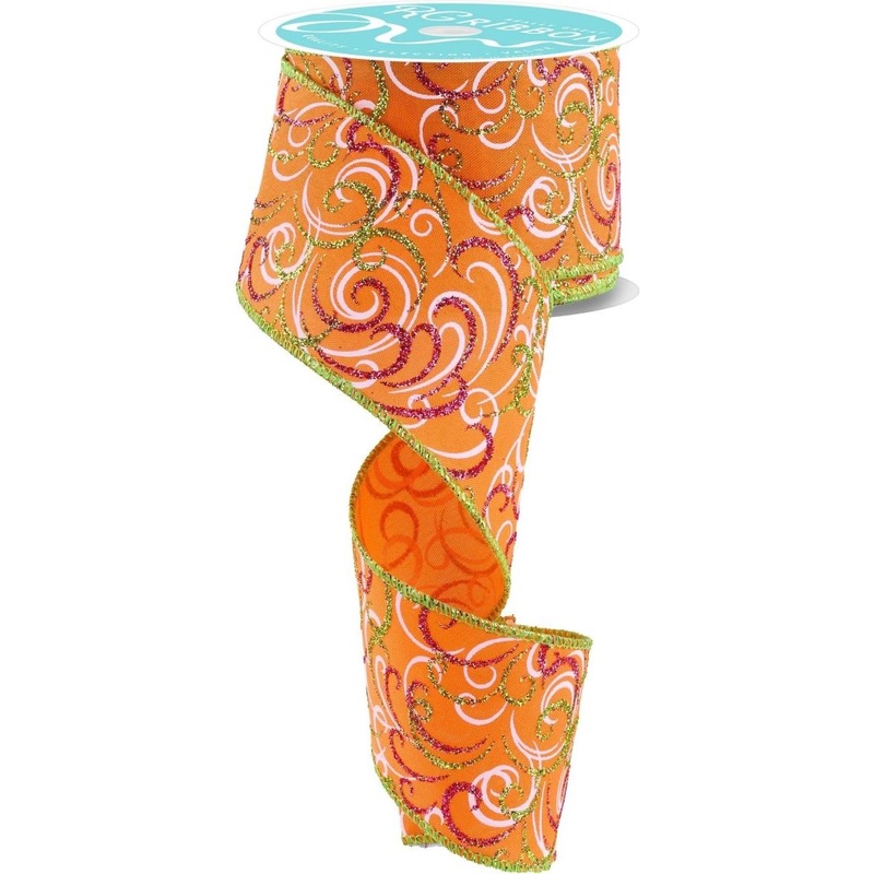 2.5″ Multi Swirls Glitter Ribbon: Orange/Pink/Lime (10 Yard)