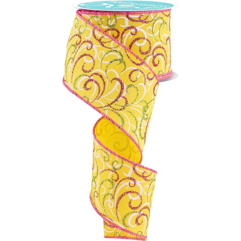 2.5″ Multi Swirls Glitter Ribbon: Yellow/Pink/Lime (10 Yard)