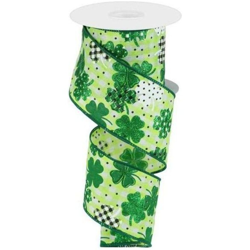 2.5″ Pattern Shamrock Ribbon: Lime Green (10 Yards)