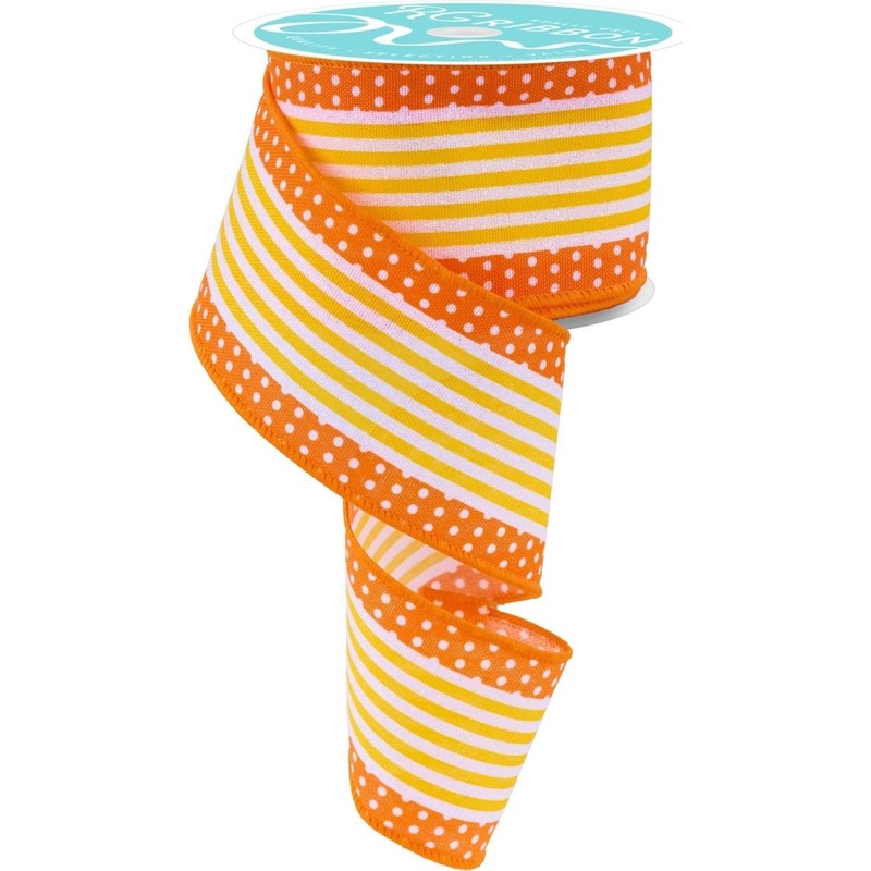 2.5″ Vertical Stripe Dot Edge Ribbon: Orange, Yellow & White