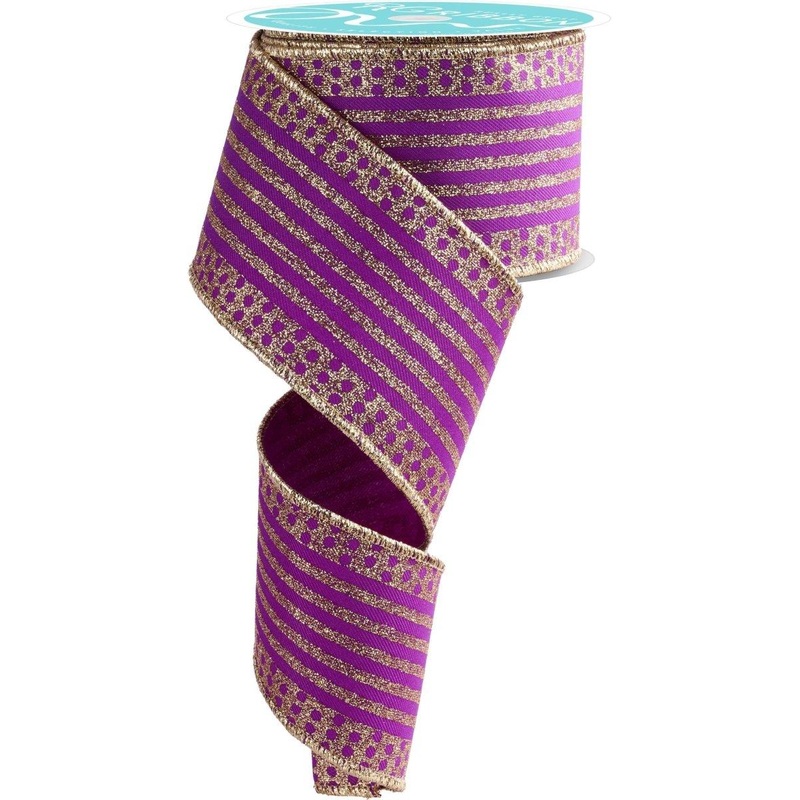 2.5″ Vertical Stripe Polka Dot Edge Ribbon: Purple/Gold