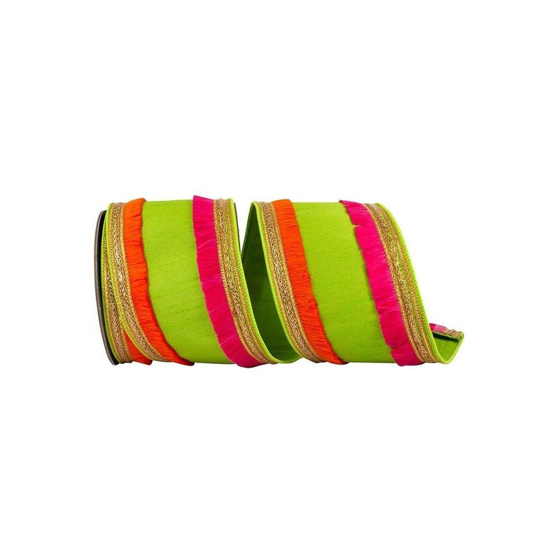 4″ Dupioni Trimming Fringe Ribbon: Lime/Orange (5 Yards)