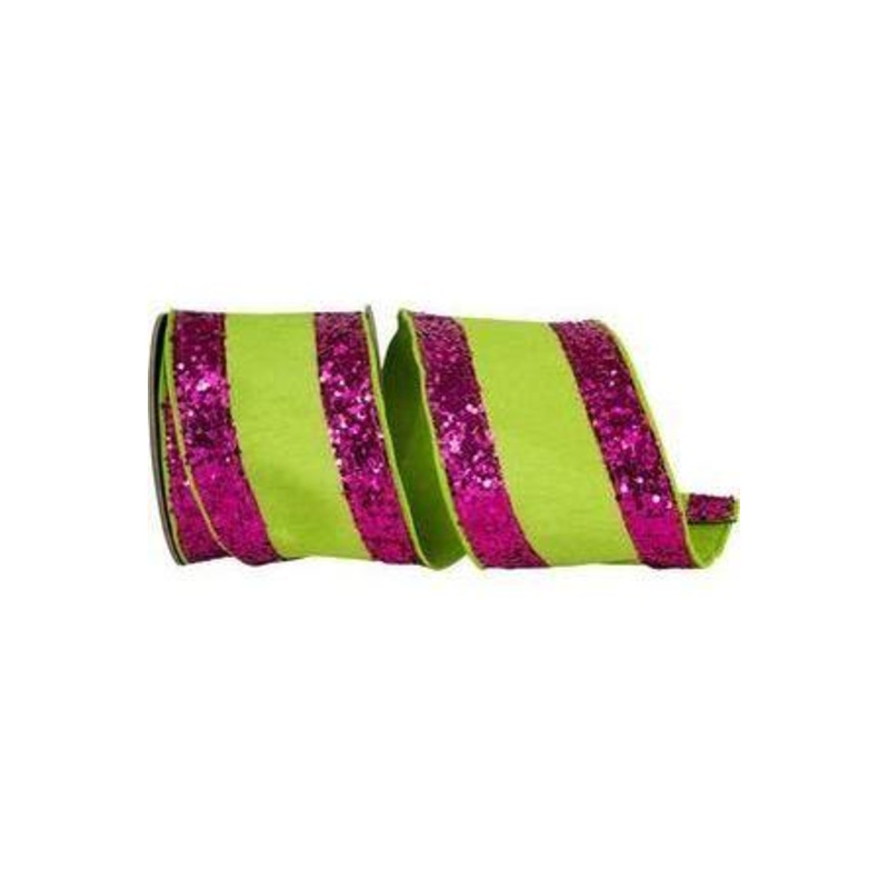 4″ Glitter Edge Dupioni Ribbon: Lime/Pink (5 Yards)