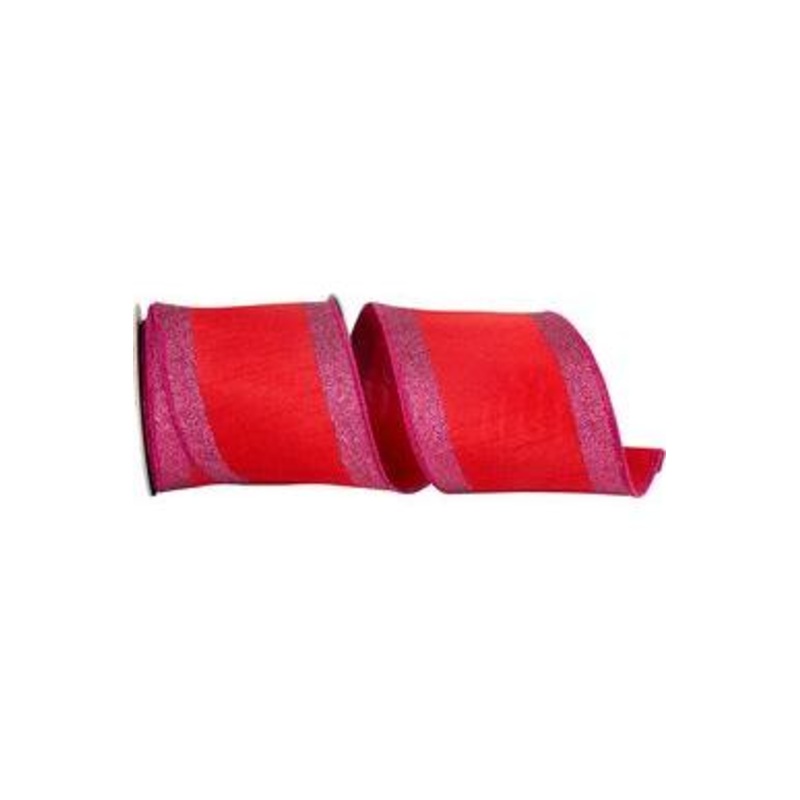 4″ Glitter Stripe Dupioni Ribbon: Red/Fuchsia (5 Yards)