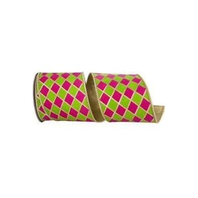 4″ Metallic Harlequin Ribbon: Lime/Pink (5 Yards)