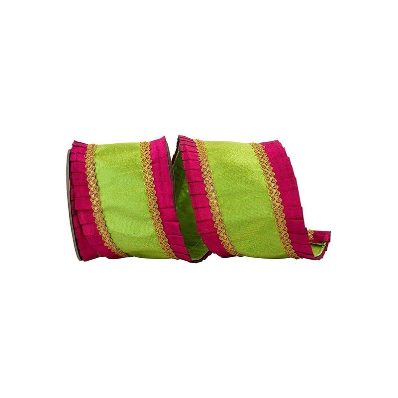 4″ Metallic Pleated Dupioni Ribbon: Lime/Fuchsia (5 Yards)