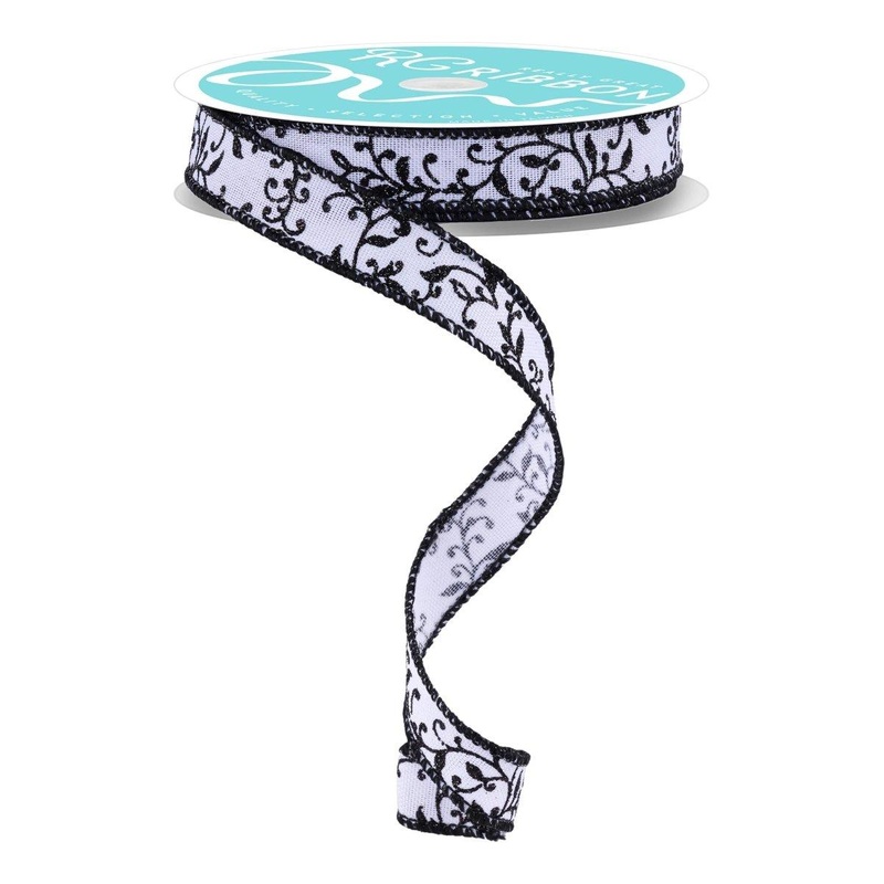 5/8″ Glitter Mini Leaf Vines Ribbon: White/Black (10 Yards)
