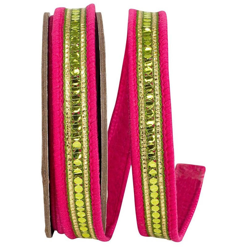 5/8″ Sequin Trimmed Dupioni Ribbon: Lime/Pink (5 Yards)