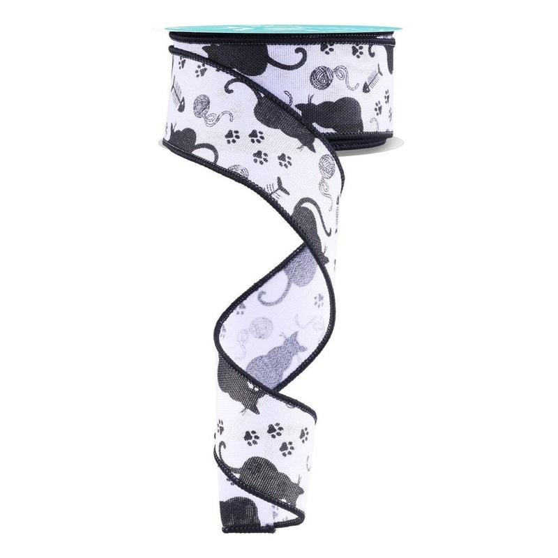 1.5″ Cat Silhouettes Ribbon: White & Black (10 Yards)