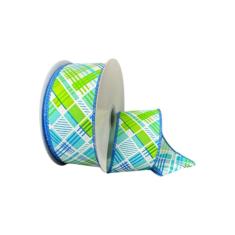 1.5″ Diagonal Printed Plaid Ribbon: Aqua (10 Yards)