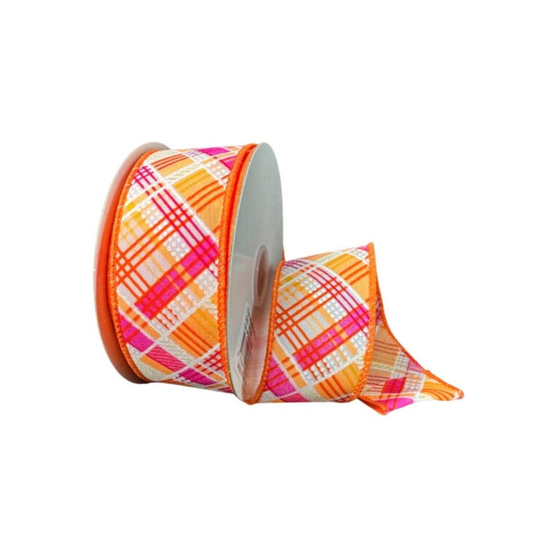 1.5″ Diagonal Printed Plaid Ribbon: Neon Orange (10 Yards)