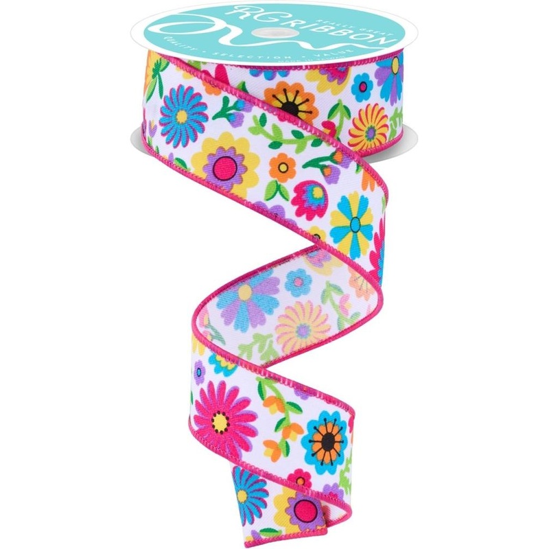 1.5″ Fiesta Florals Ribbon: White (10 Yards)