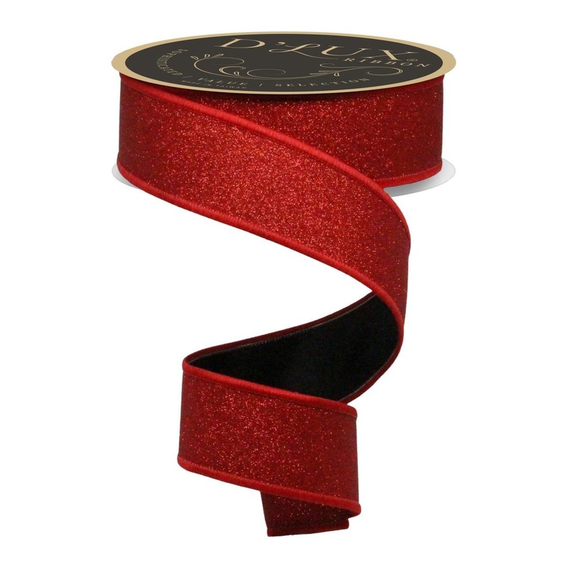 1.5″ Fine Glitter Fused Back Ribbon: Red/Black (10 Yards)