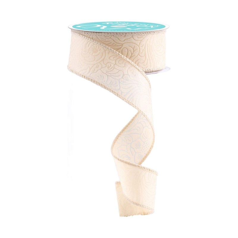 1.5″ Flower Embossed Ribbon: Cream (10 Yards)